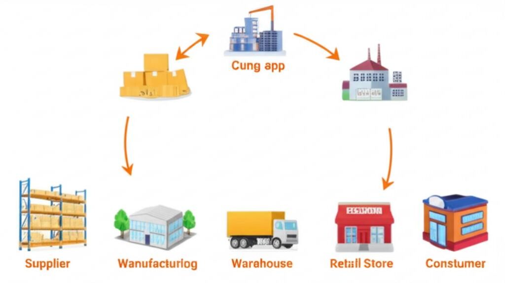 Hình ảnh thể hiện các bước trong chuỗi cung ứng kết nối với nhau.