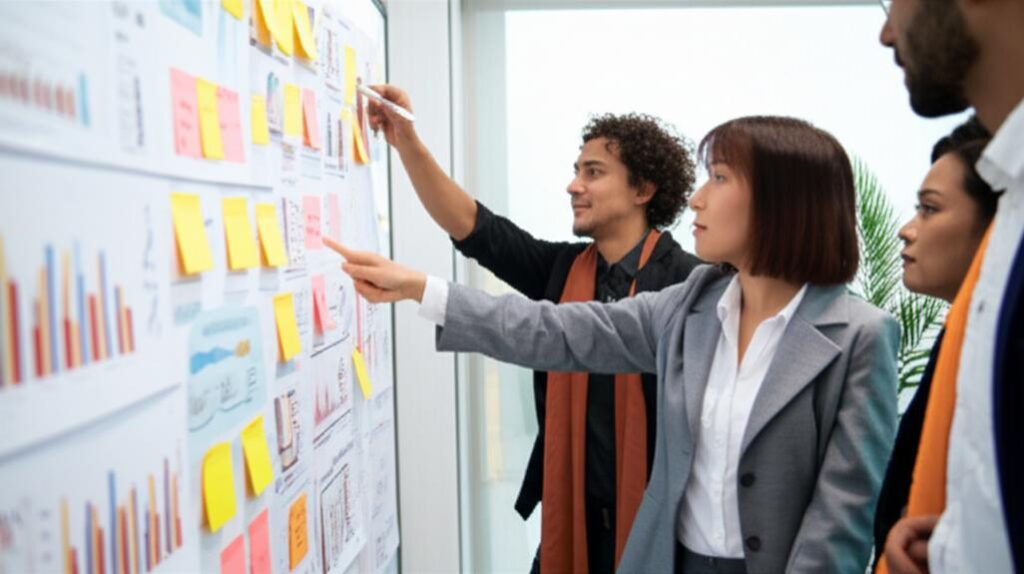 Nhóm nhân viên thảo luận về hiệu suất làm việc.