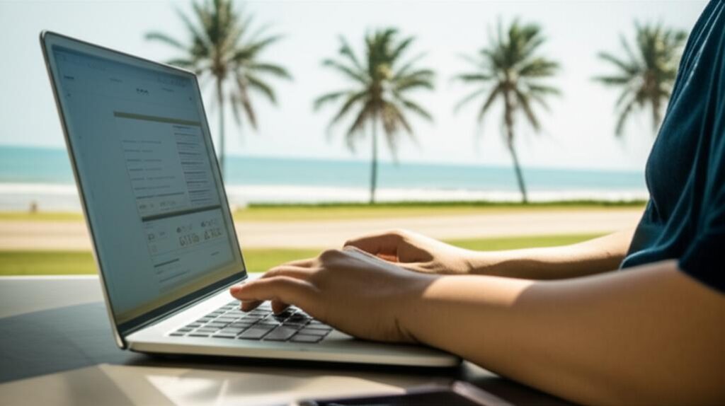 Người làm việc từ xa trên laptop tại quán cà phê ven biển.