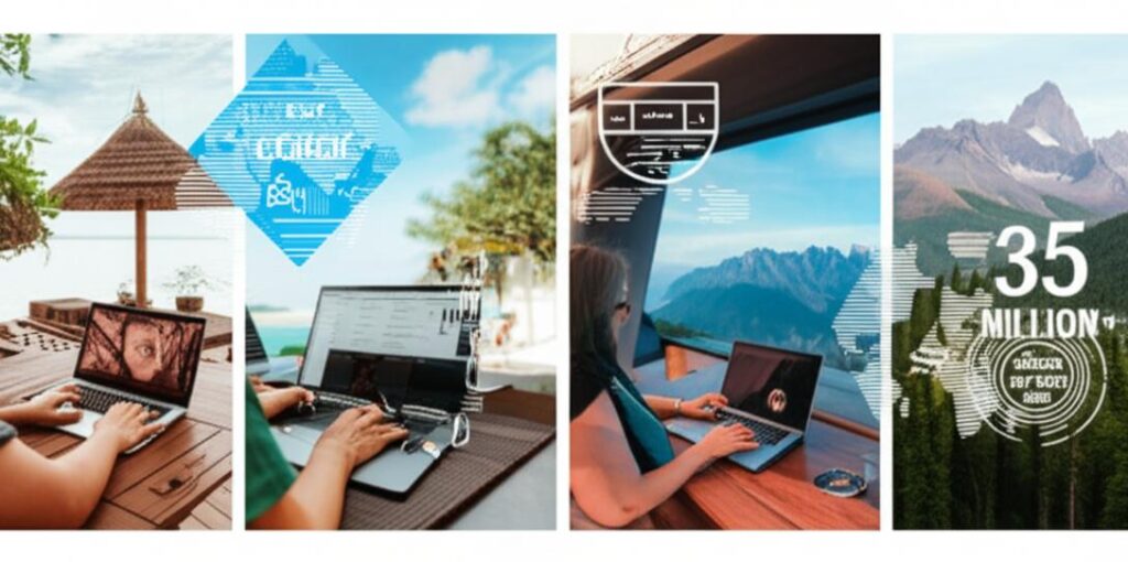 Digital nomads working in diverse global locations, symbolizing freedom and flexibility in remote work.