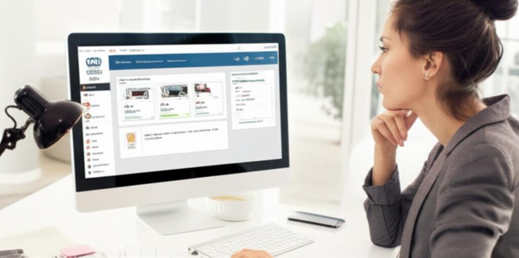Người phụ nữ đánh giá phần mềm bán hàng trên máy tính.