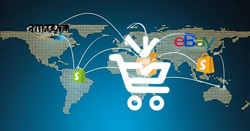 Minh họa kết nối toàn cầu của các nền tảng thương mại điện tử xuyên biên giới.