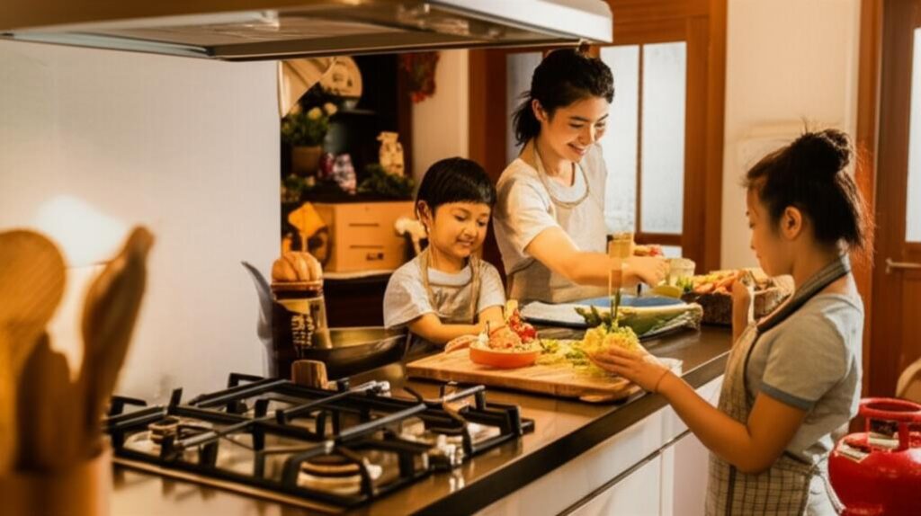 Gia đình hạnh phúc bên bếp gas.