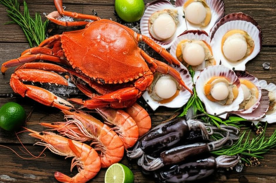 Mâm hải sản tươi ngon đa dạng gồm tôm, cua, sò, mực.