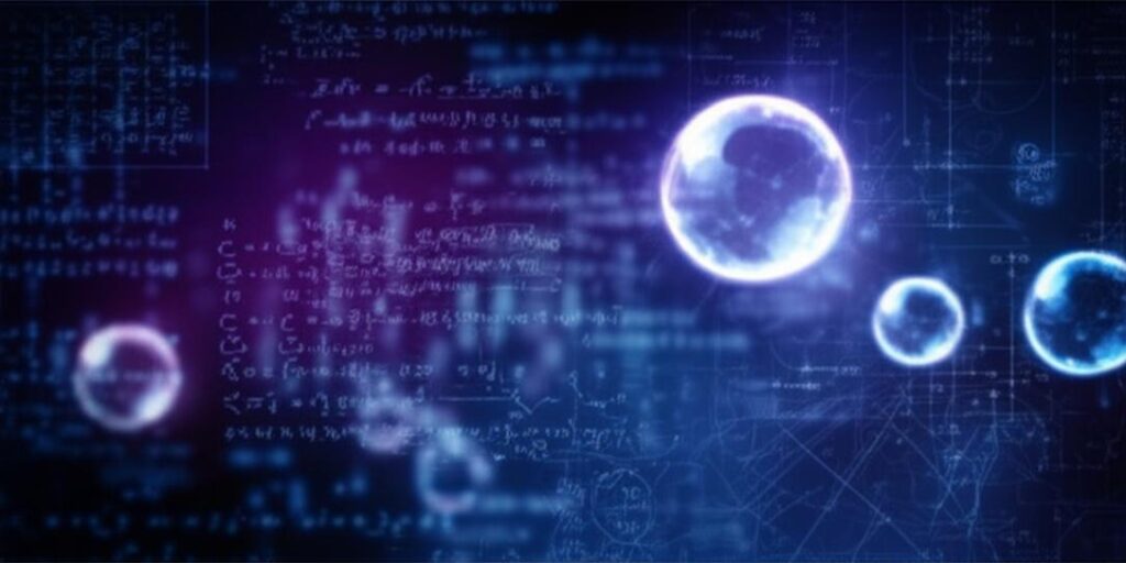 Hình ảnh trừu tượng về thế giới lượng tử với các hạt mờ ảo và biểu đồ khoa học.