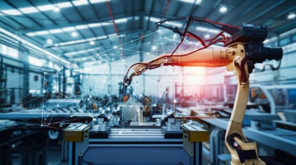 Cánh tay rô-bốt làm việc với dữ liệu học máy.