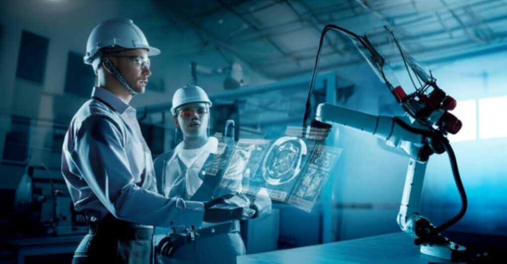 Tương Tác Người-Rô-Bốt: Kiến Tạo Tương Lai Hợp Tác Thông Minh 5 Con người và rô-bốt làm việc cùng nhau trong môi trường hiện đại, thể hiện sự hợp tác hiệu quả.