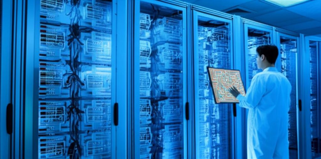 Trung tâm dữ liệu lượng tử với thiết bị tiên tiến và biểu đồ lượng tử.