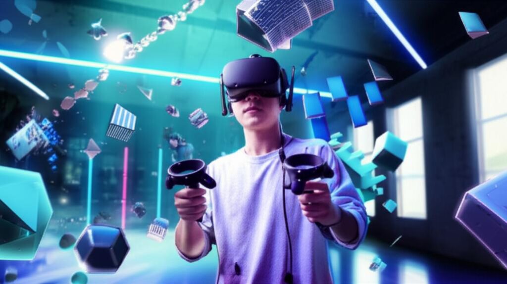 Không Gian Ảo: Khám Phá Thế Giới Số Vô Tận và Tương Lai Kết Nối 3 Hình ảnh một người trải nghiệm không gian ảo sống động với kính VR, thể hiện sự kết nối và tương lai của công nghệ số.