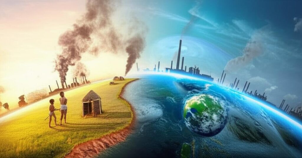 Minh họa lịch sử biến đổi khí hậu Trái Đất từ kỷ băng hà đến hiện đại, thể hiện sự thay đổi của môi trường và tác động của con người.