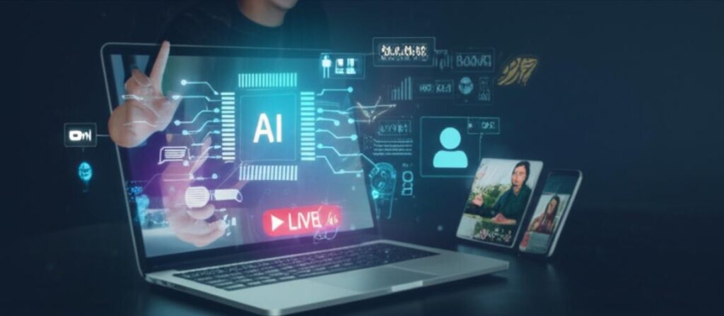 Giải Pháp Livestream AI: Nâng Tầm Trải Nghiệm Tương Tác 3 AI enhancing live streaming with data visualizations and personalized viewer interactions.