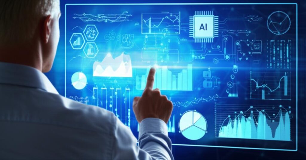 Giao diện tương tác giữa con người và AI trong lĩnh vực marketing, thể hiện sự kết hợp giữa công nghệ và chiến lược kinh doanh.