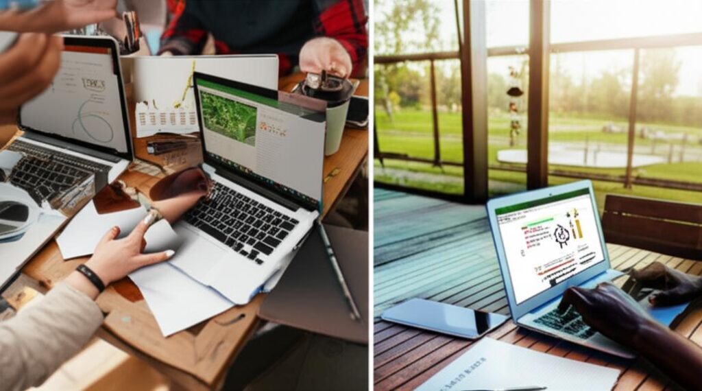 Người làm việc từ xa trên máy tính xách tay tại các địa điểm khác nhau.