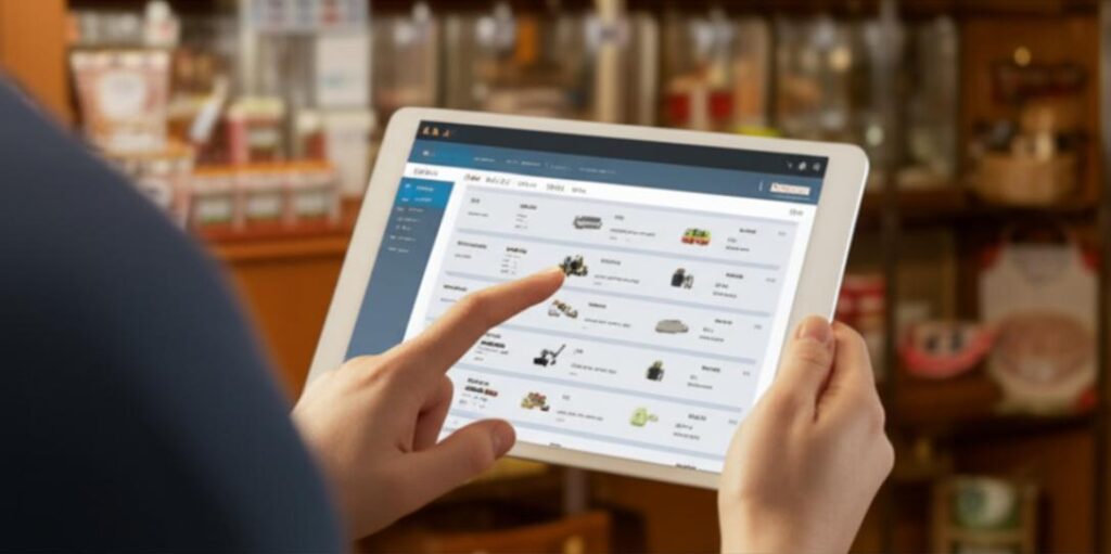 Phần mềm quản lý bán hàng offline: Giải pháp tối ưu cho shop nhỏ của bạn 9 Chủ cửa hàng nhỏ sử dụng phần mềm quản lý bán hàng trên máy tính bảng.