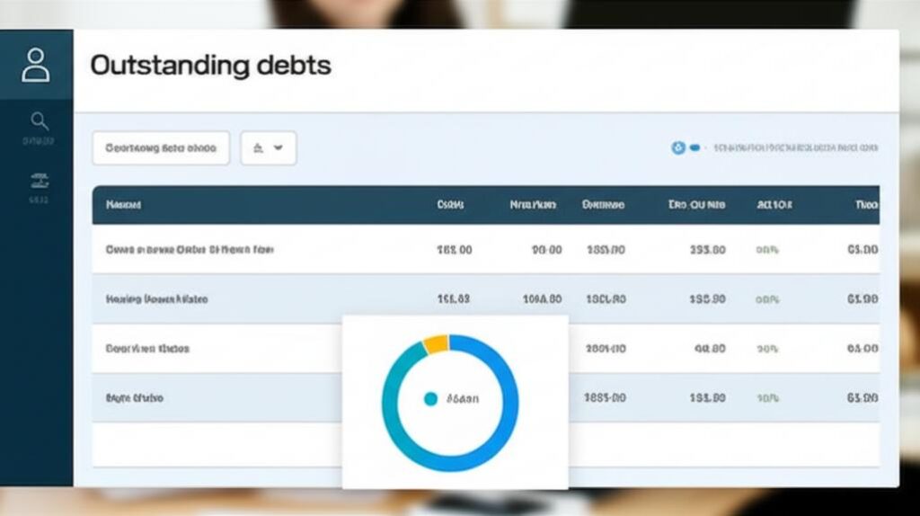 Giao diện phần mềm quản lý công nợ với biểu đồ và danh sách các khoản nợ.