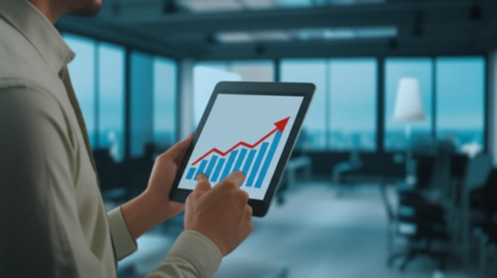 Phần mềm Quản lý Doanh thu: Chìa khóa Vàng Mở Cánh Cửa Thịnh Vượng Cho Doanh Nghiệp 7 Biểu đồ doanh thu tăng trưởng trên màn hình máy tính bảng.