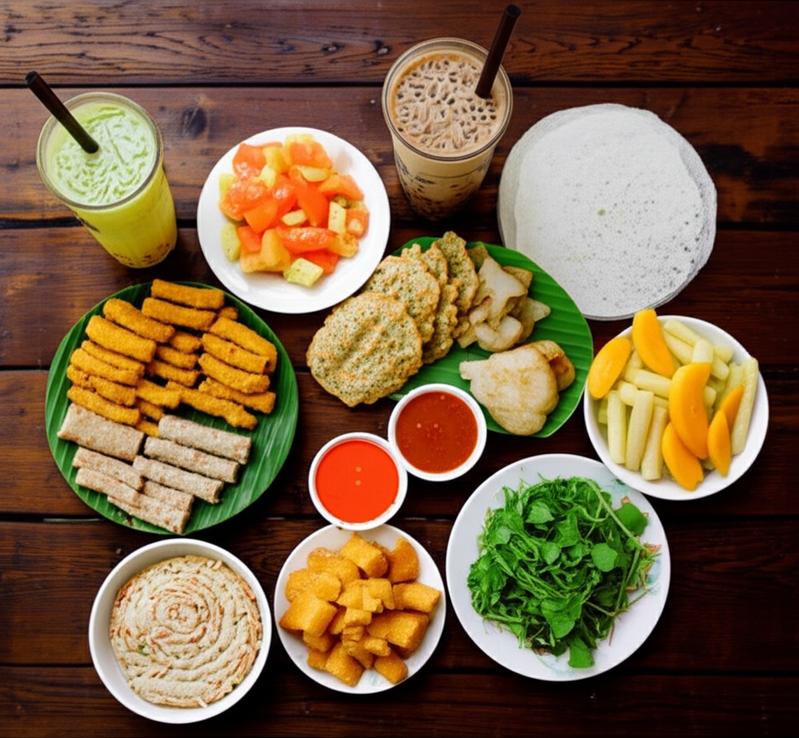 Bàn ăn với nhiều món ăn vặt đa dạng và hấp dẫn.