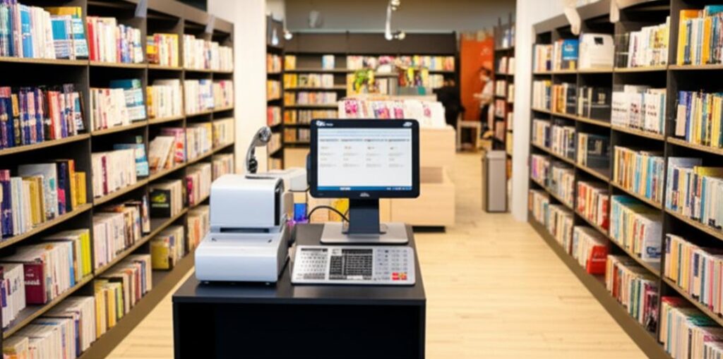 Giao diện phần mềm quản lý cửa hàng sách trên máy tính POS giữa không gian trưng bày sách.
