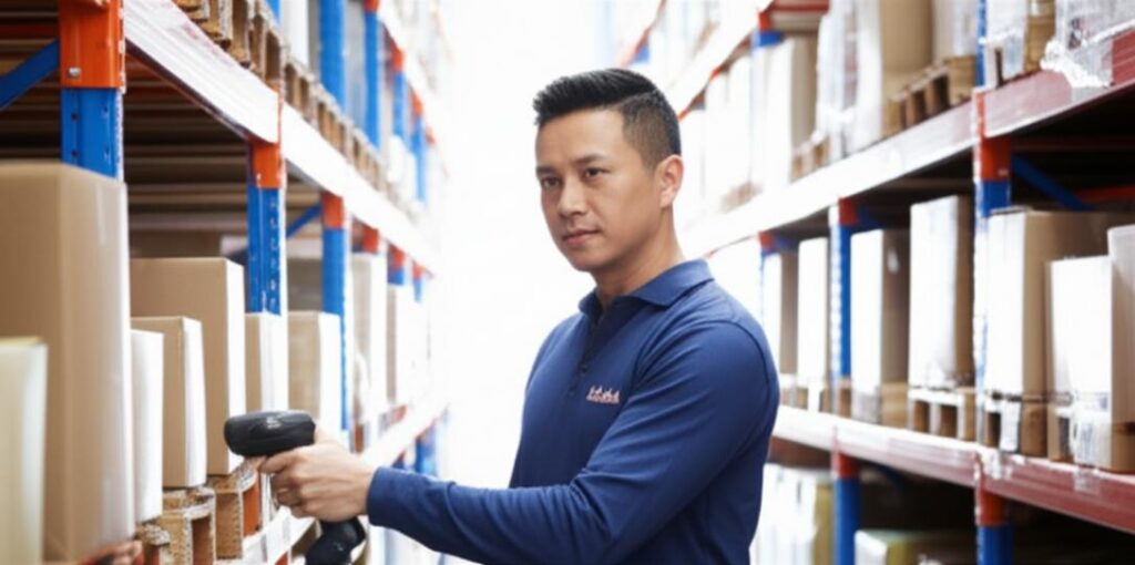 Bí Quyết Quản Lý Kho Hàng Hiệu Quả: Từ Cơ Bản Đến Nâng Cao 6 Nhân viên kiểm tra hàng hóa bằng máy quét mã vạch trong kho.