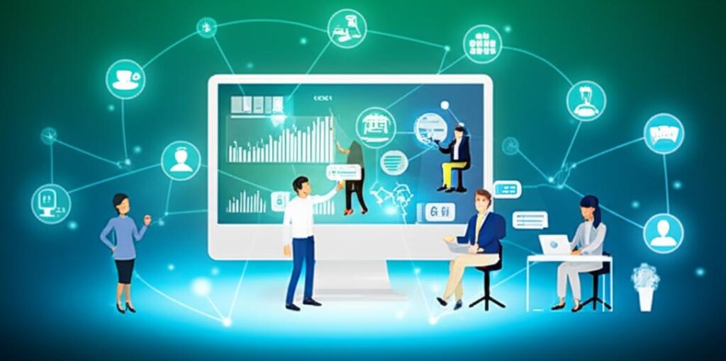 Employees collaborating remotely on laptops in a modern, connected virtual work environment, highlighting efficiency and flexibility.