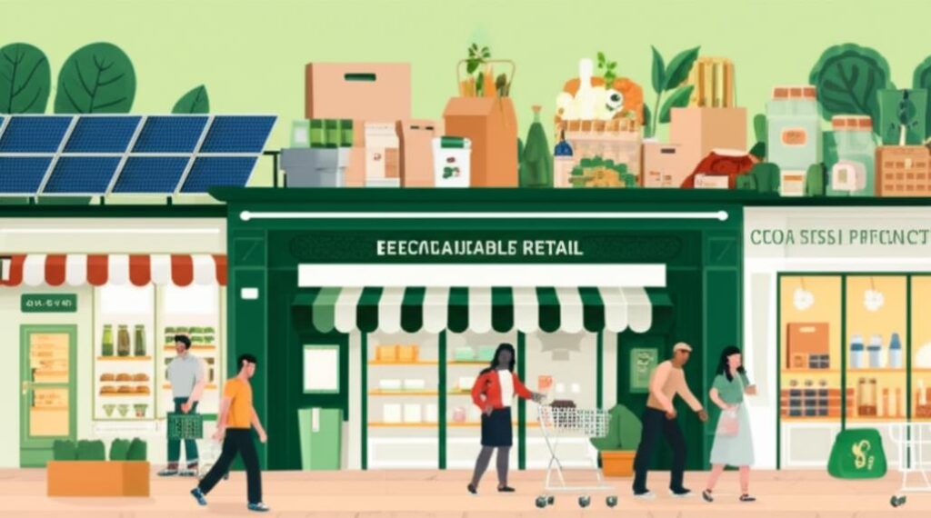 Biểu tượng của retail bền vững với các yếu tố môi trường và kinh doanh xanh.