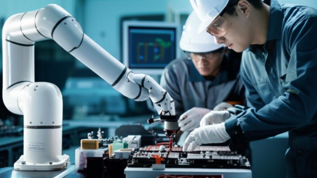 Cánh tay rô-bốt cộng tác làm việc cùng kỹ sư trong nhà máy.