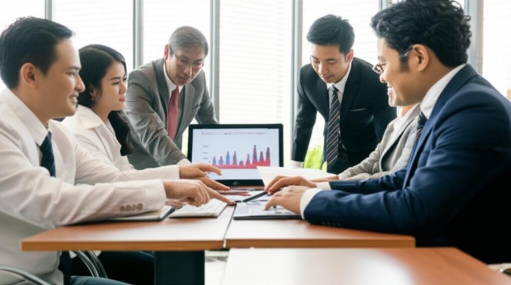 Chuyên gia kinh doanh thảo luận về thương vụ sáp nhập.