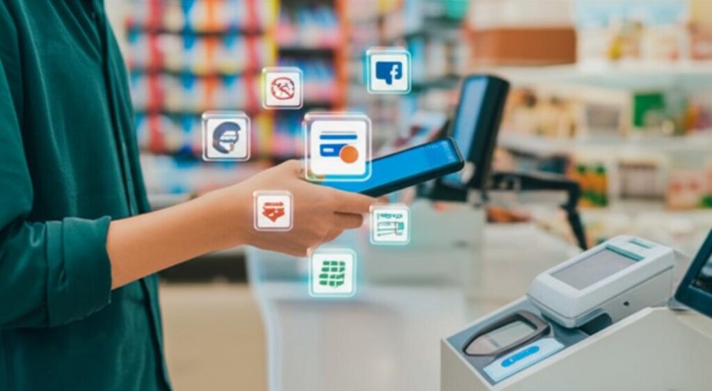 Thanh toán không tiền mặt bằng điện thoại thông minh.