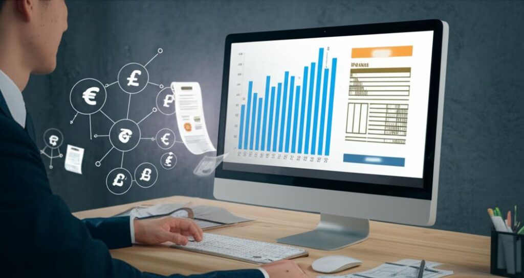 Thu Tiền Hiệu Quả: Bí Quyết Tối Ưu Dòng Tiền Cho Doanh Nghiệp 9 Quản lý tài chính xem xét biểu đồ dòng tiền và hóa đơn.