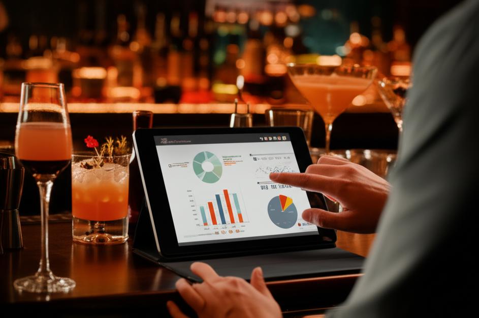Nhân viên sử dụng ứng dụng quản lý bar trên máy tính bảng.
