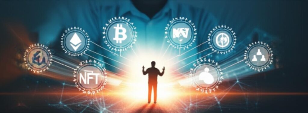 Nhà sáng tạo nội dung tương tác với các biểu tượng Web3 như NFT và tiền mã hóa.