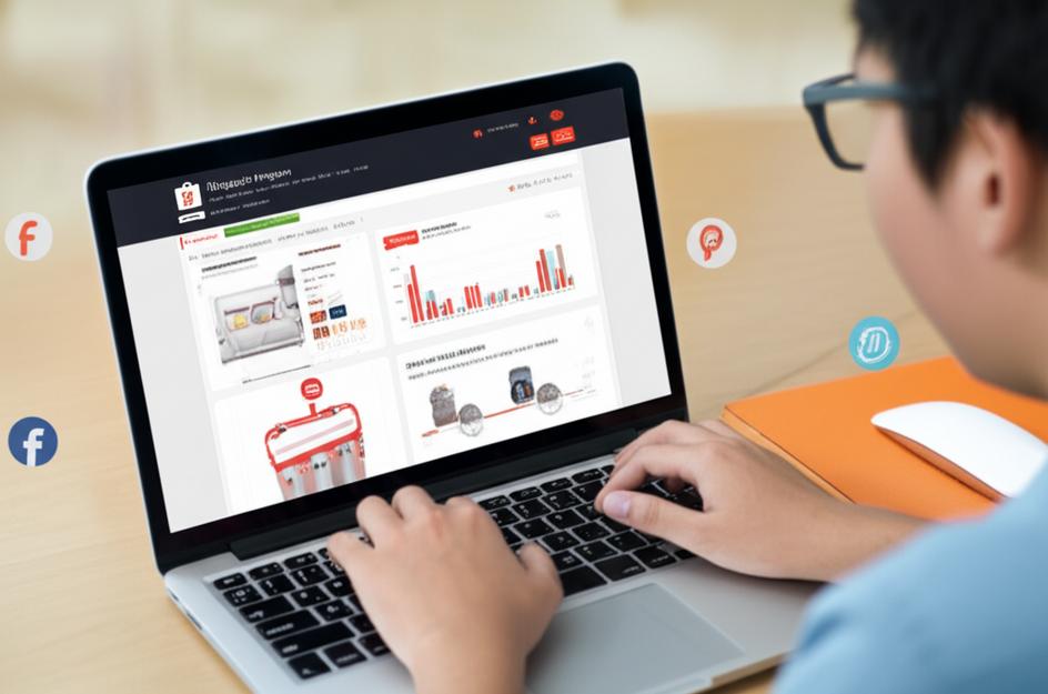 Giao diện chương trình Affiliate Shopee trên màn hình laptop, thể hiện các chỉ số thu nhập và biểu tượng mạng xã hội.