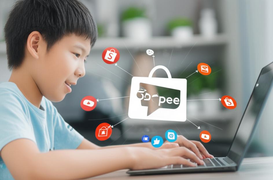 Hình ảnh một người làm việc trên laptop, kết nối với thế giới online và kiếm tiền từ affiliate Shopee.