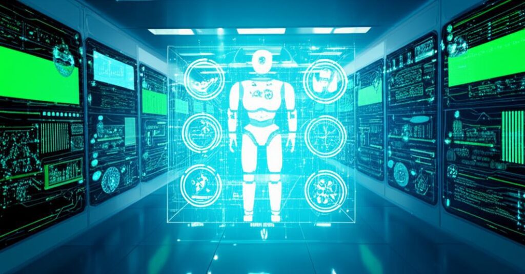 Trí tuệ nhân tạo (AI) và Tương lai Bảo mật: Cuộc Cách mạng Chống Tội Phạm Mạng 4 Trung tâm an ninh mạng tương lai với AI phân tích dữ liệu và robot bảo vệ.