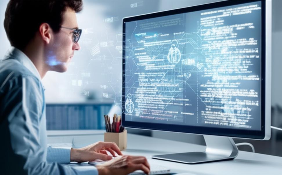 AI Lập Trình: Cách Trí Tuệ Nhân Tạo Định Hình Tương Lai Phát Triển Phần Mềm 1 Lập trình viên làm việc cùng AI, code tự động xuất hiện.