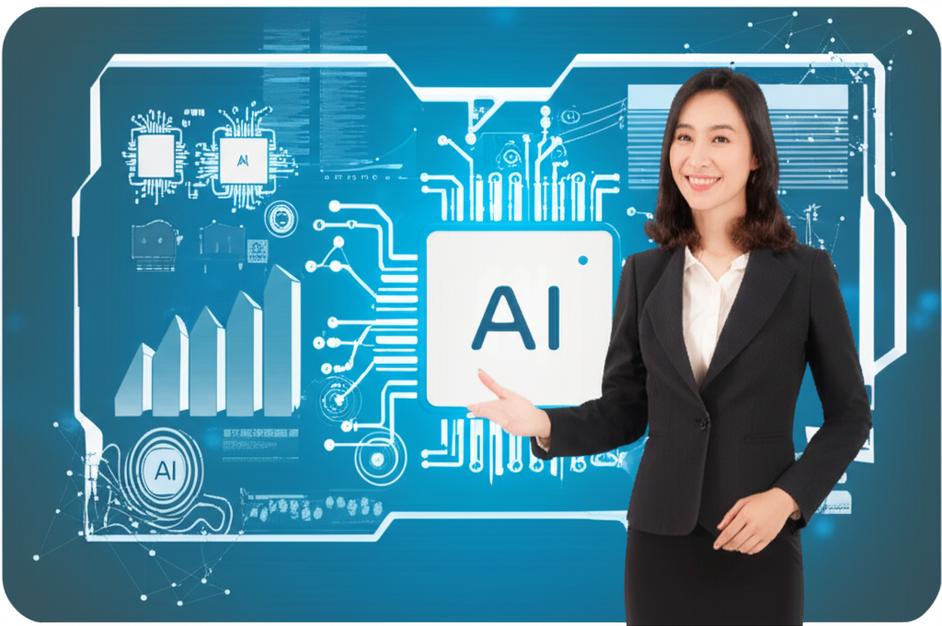 Người phụ nữ tự tin trước màn hình livestream với các yếu tố đồ họa AI và dữ liệu phân tích.