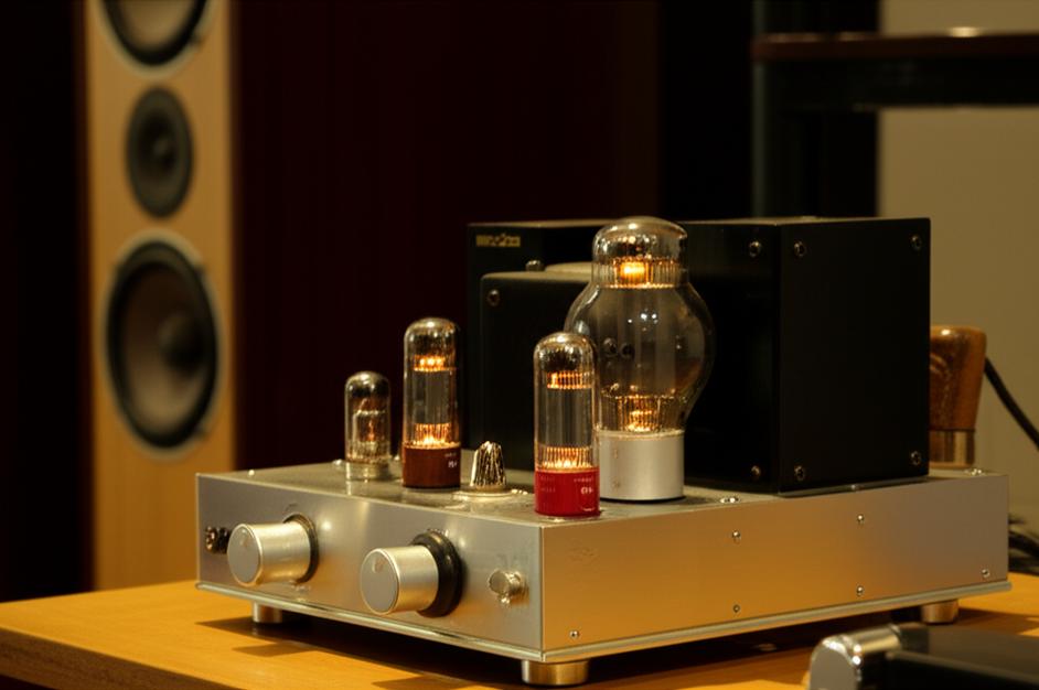 Amply đèn cổ điển phát ra tiếng ù nhẹ.