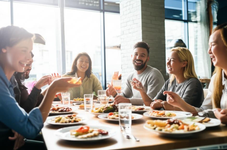 Nhân viên văn phòng dùng bữa trưa vui vẻ.