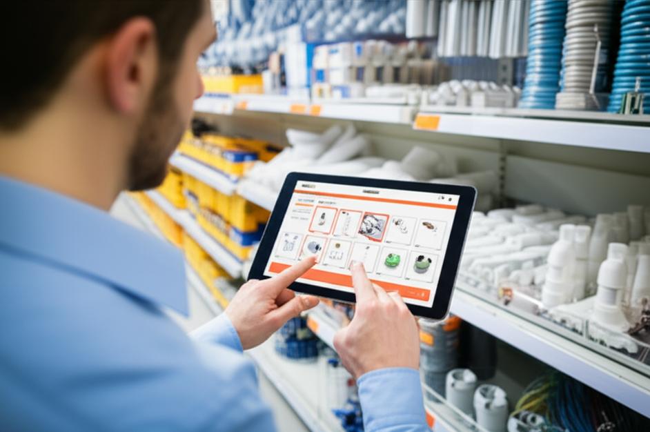 Nhân viên sử dụng máy tính bảng quản lý cửa hàng điện nước.