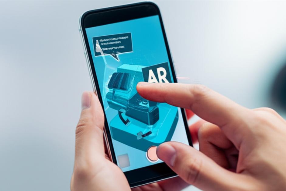 Minh họa người dùng áp dụng công nghệ Thực tế Tăng cường (AR) trên điện thoại thông minh để tương tác với thế giới thực.