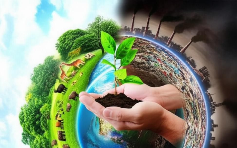 Trái Đất với hai nửa đối lập: một bên xanh tươi, một bên ô nhiễm, thể hiện sự tương phản và lời kêu gọi hành động bảo vệ môi trường.
