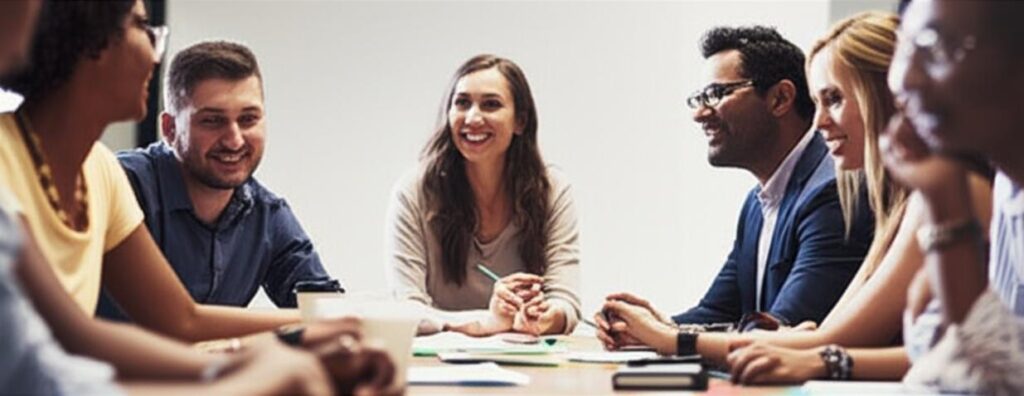 Nhóm người đa dạng trao đổi và cười nói vui vẻ, thể hiện sự kết nối.