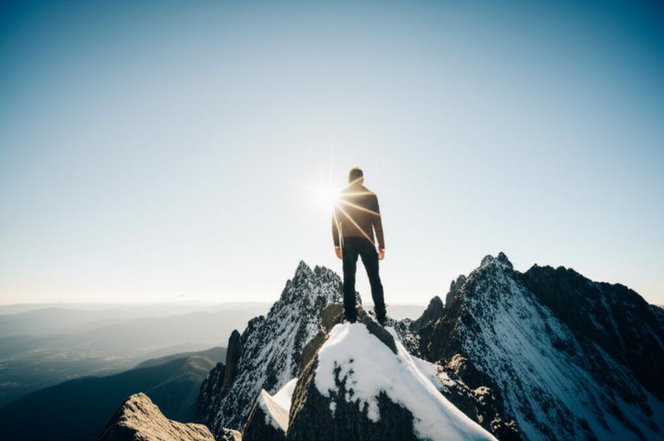Người chinh phục đỉnh núi dưới ánh nắng bình minh, biểu tượng cho động lực và thành công.