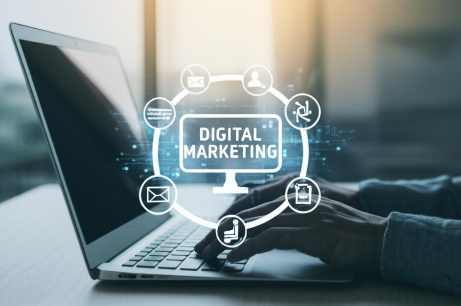 Hình ảnh minh họa chiến lược digital marketing trên laptop.