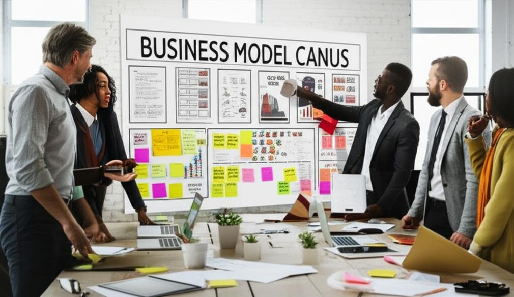 Bí quyết kiến tạo mô hình kinh doanh đột phá: Từ ý tưởng đến thành công bền vững 1 Team collaborating on a Business Model Canvas with digital elements.