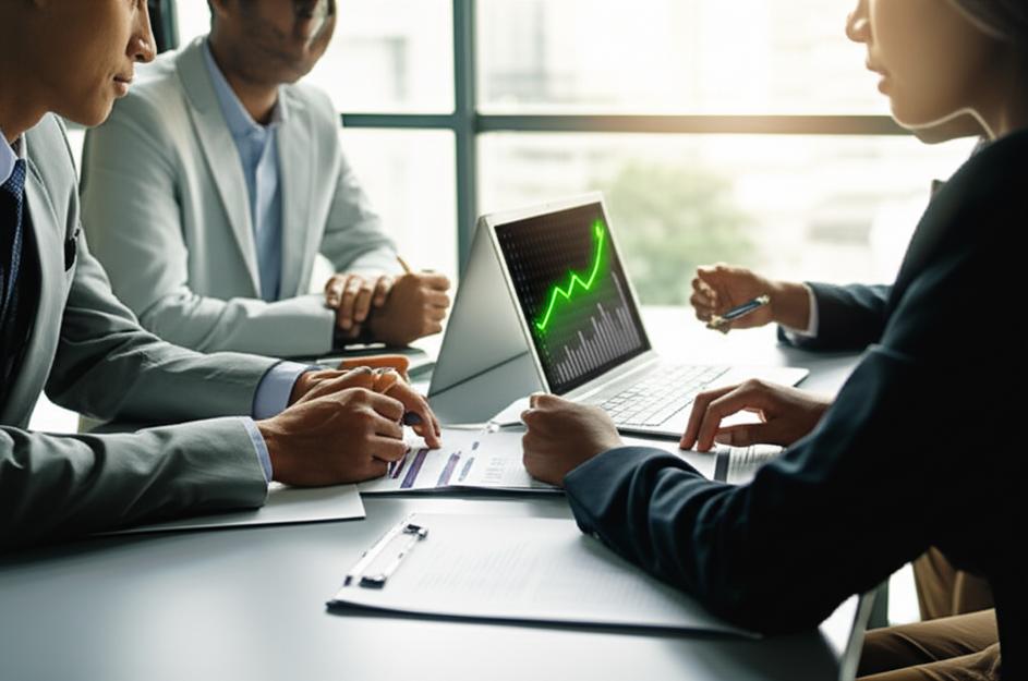 Mua lại doanh nghiệp: Bí quyết đầu tư khôn ngoan và hành trình lật ngược tình thế 4 Doanh nhân thảo luận kế hoạch mua lại doanh nghiệp với biểu đồ tăng trưởng.