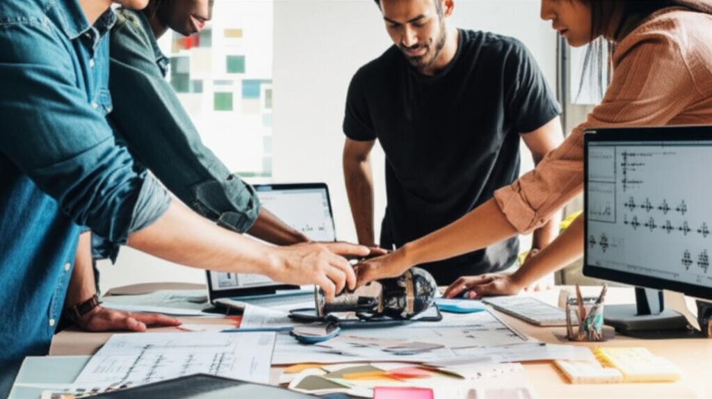 Cải Tiến Sản Phẩm Cũ: Bí Quyết Tái Sinh Giá Trị và Thu Hút Khách Hàng 4 Đội ngũ sáng tạo đang làm việc để cải tiến một sản phẩm cũ, với các bản vẽ và mô hình.