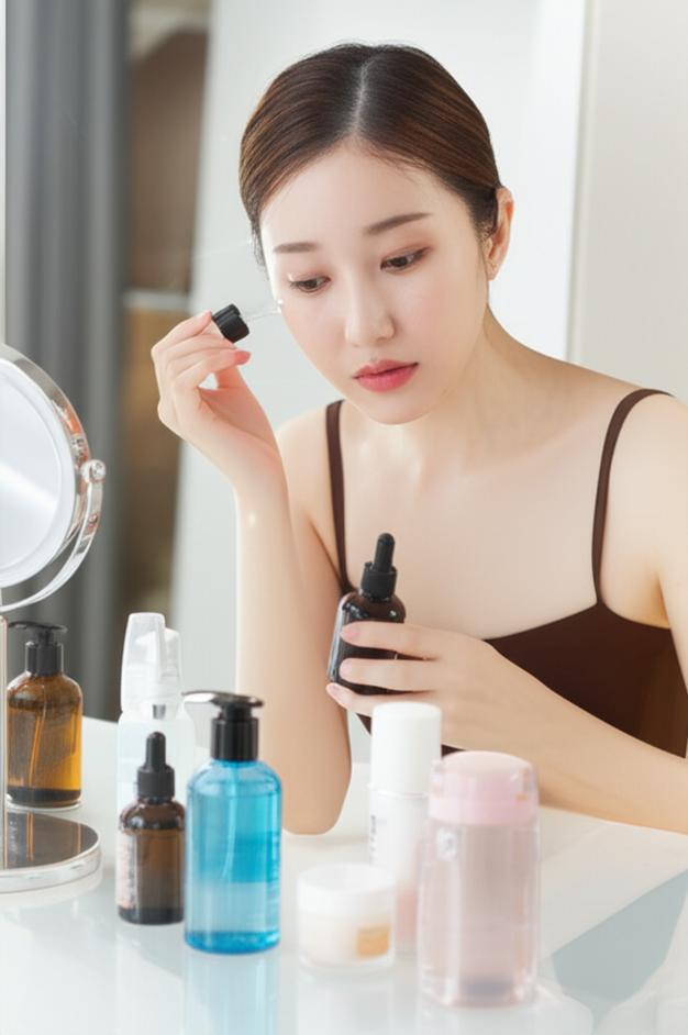 Phụ nữ trẻ chăm sóc da mặt với các sản phẩm dưỡng da.