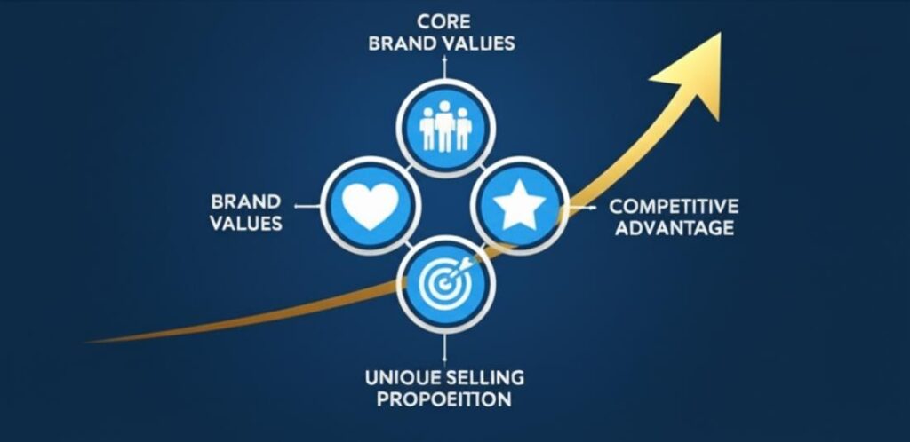 Chiến Lược Định Vị: Chìa Khóa Vàng Mở Cánh Cửa Thành Công Bền Vững 9 Minh họa chiến lược định vị thành công với biểu đồ tăng trưởng và các yếu tố thương hiệu.