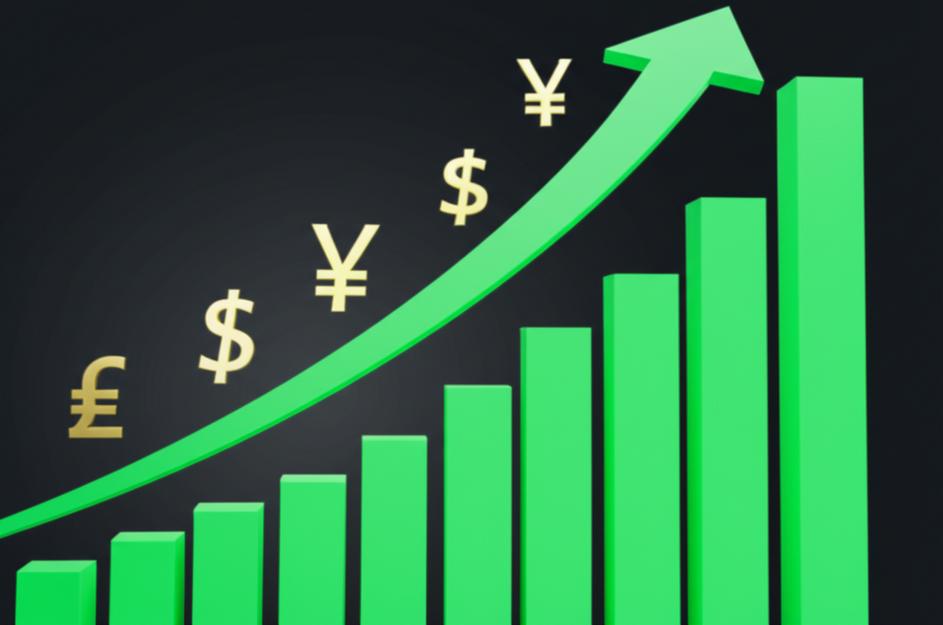 Biểu đồ tăng trưởng doanh thu với các biểu tượng tiền tệ và mũi tên đi lên.